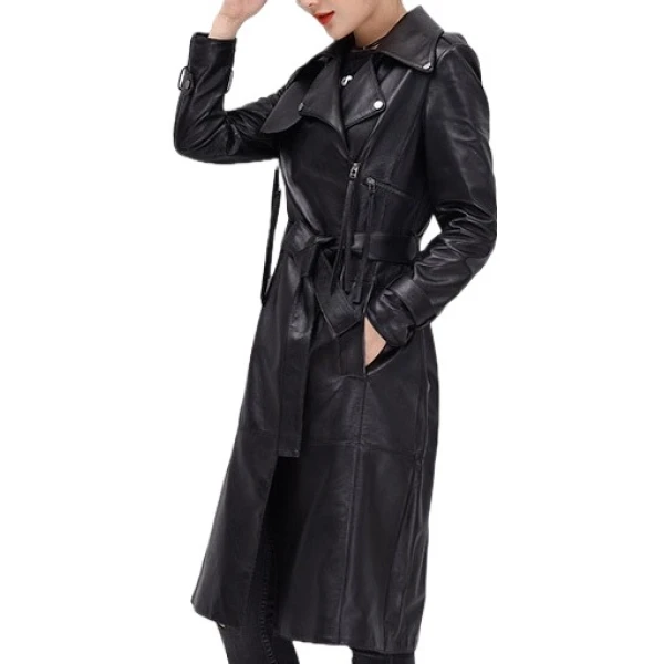Womens Sophisticated Real Lambskin Black Long Leather Trench Coat