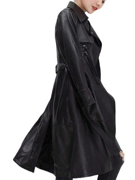 Womens Sophisticated Real Lambskin Black Long Leather Trench Coat