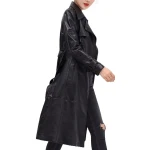 Womens Sophisticated Real Lambskin Black Long Leather Trench Coat