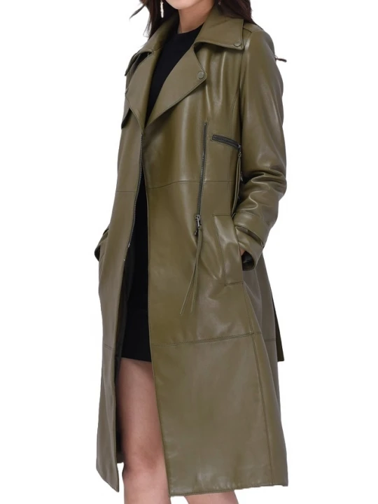 Womens Sophisticated Real Lambskin Olive Green Long Leather Trench Coat