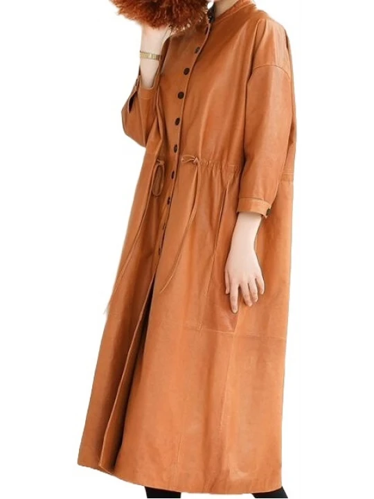 Womens Timeless Fashion Genuine Sheepskin Brown Long Leather Trench Coat