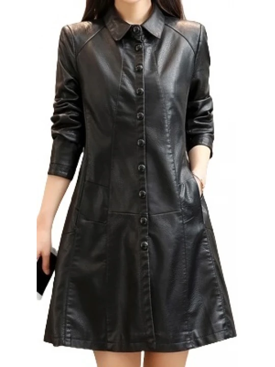 Womens Trendy Real Lambskin Black Long Leather Trench Coat