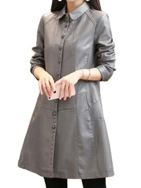 Womens Trendy Real Lambskin Gray Long Leather Trench Coat