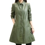 Womens Trendy Real Lambskin Olive Green Long Leather Trench Coat