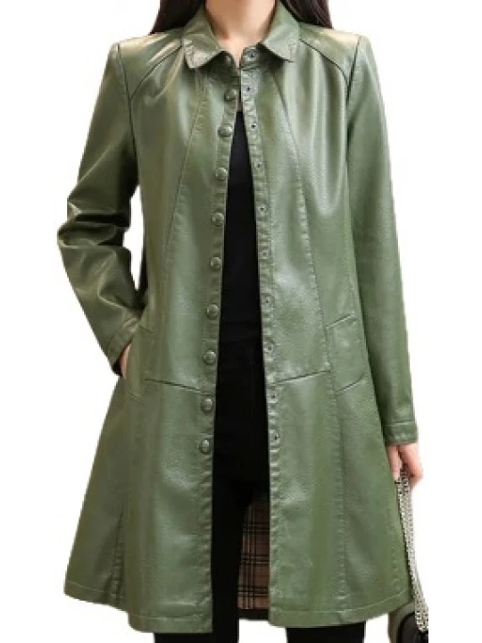 Womens Trendy Real Lambskin Olive Green Long Leather Trench Coat