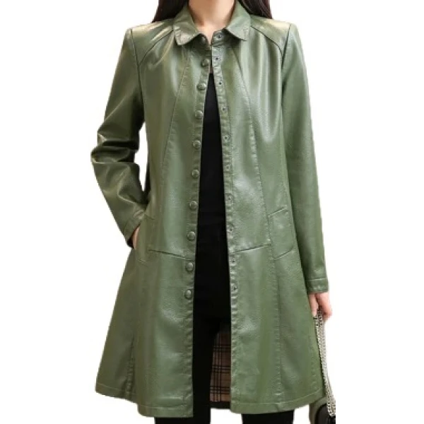 Womens Trendy Real Lambskin Olive Green Long Leather Trench Coat