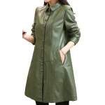 Womens Trendy Real Lambskin Olive Green Long Leather Trench Coat