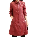 Womens Trendy Real Lambskin Red Long Leather Trench Coat
