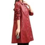 Womens Trendy Real Lambskin Red Long Leather Trench Coat