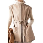 Womens Trendy Sleeveless Genuine Sheepskin Beige Long Leather Trench Coat