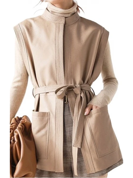 Womens Trendy Sleeveless Genuine Sheepskin Beige Long Leather Trench Coat