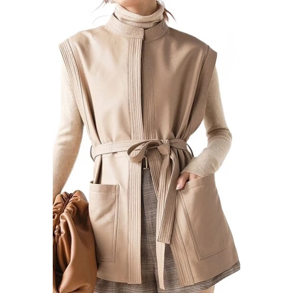 Womens Trendy Sleeveless Genuine Sheepskin Beige Long Leather Trench Coat