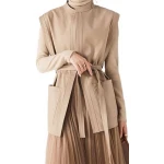 Womens Trendy Sleeveless Genuine Sheepskin Beige Long Leather Trench Coat