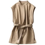 Womens Trendy Sleeveless Genuine Sheepskin Beige Long Leather Trench Coat