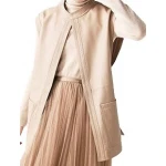 Womens Trendy Sleeveless Genuine Sheepskin Beige Long Leather Trench Coat