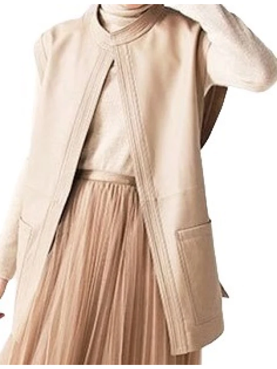 Womens Trendy Sleeveless Genuine Sheepskin Beige Long Leather Trench Coat