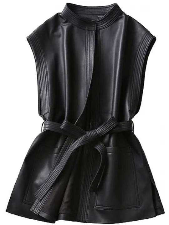 Womens Trendy Sleeveless Genuine Sheepskin Black Long Leather Trench Coat