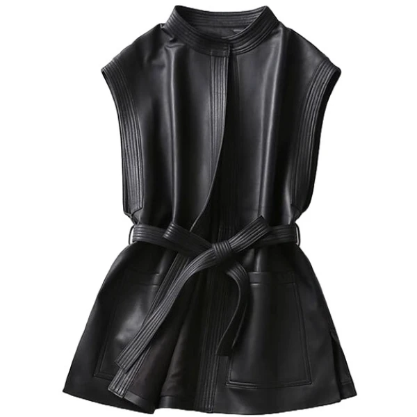 Womens Trendy Sleeveless Genuine Sheepskin Black Long Leather Trench Coat