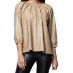 Beige Leather Puff Sleeve Top