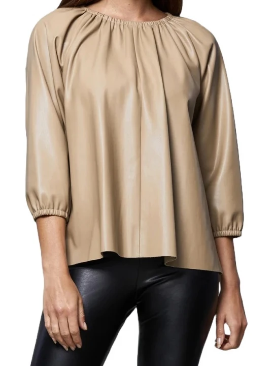 Beige Leather Puff Sleeve Top