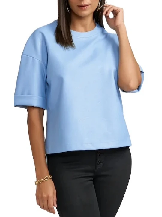 Blue Leather Crew Neck Top