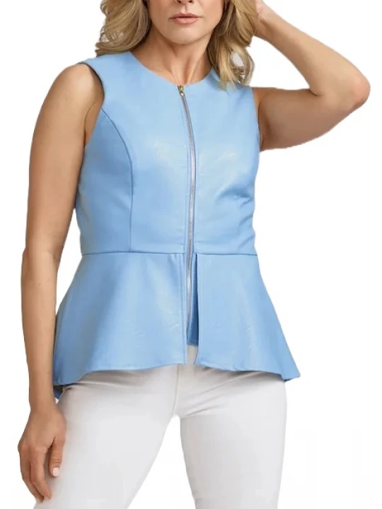 Blue Leather Peplum Top With Front Zipper