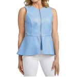 Blue Leather Peplum Top With Front Zipper