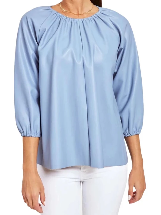 Blue Leather Puff Sleeve Top