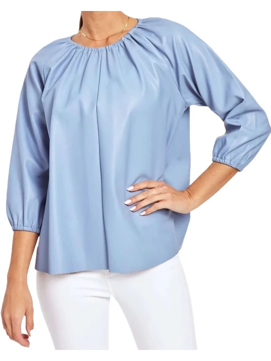 Blue Leather Puff Sleeve Top