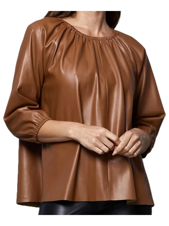 Brown Leather Puff Sleeve Top