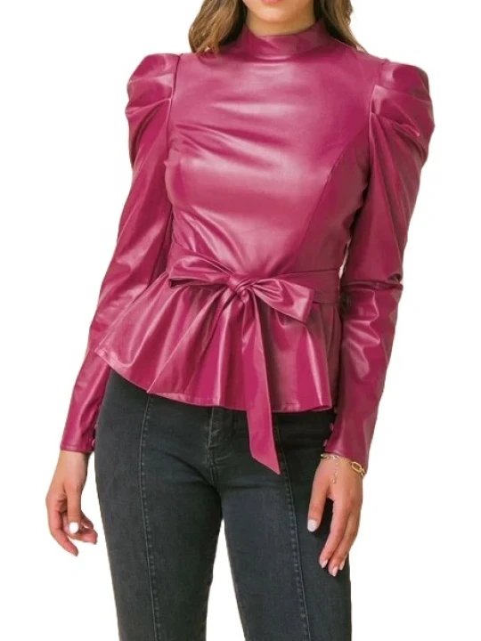 Burgundy Belted Peplum Leather Top