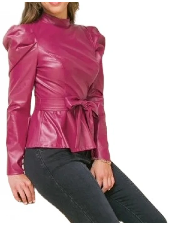Burgundy Belted Peplum Leather Top