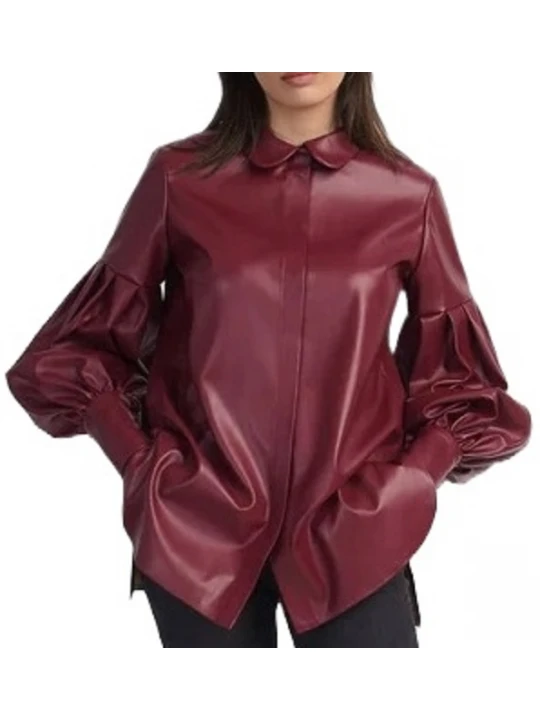 Burgundy Leather Shirt With Pleated Balloon Sleeves