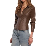Collared Button Up Brown Leather Top