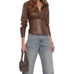 Collared Button Up Brown Leather Top