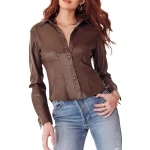 Collared Button Up Brown Leather Top