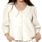 Cream Leather Blouse With Puff Sleeves