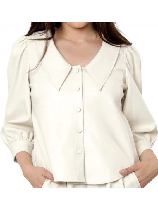 Cream Leather Blouse With Puff Sleeves