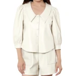 Cream Leather Blouse With Puff Sleeves