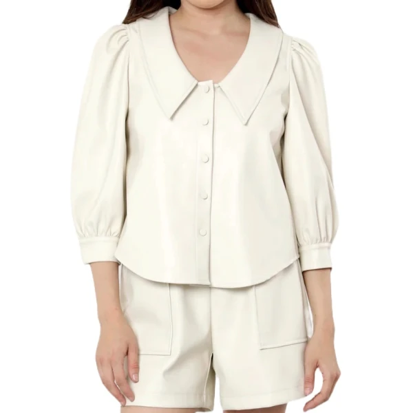 Cream Leather Blouse With Puff Sleeves
