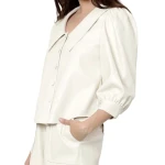 Cream Leather Blouse With Puff Sleeves