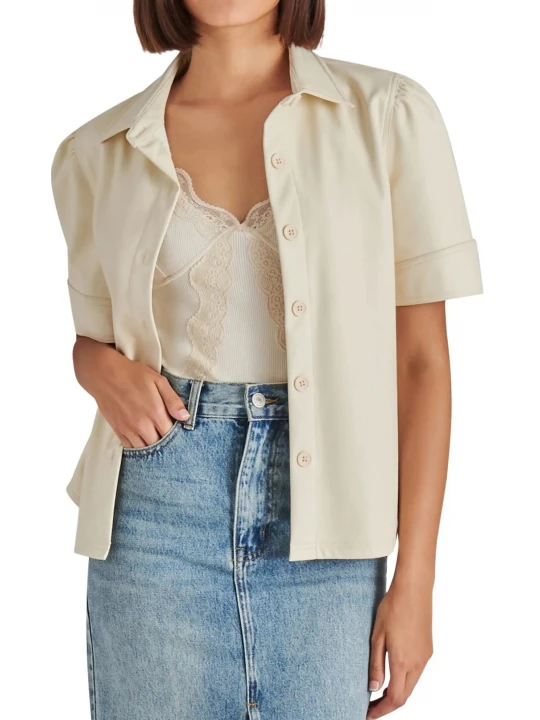 Cream Leather Button Up Top