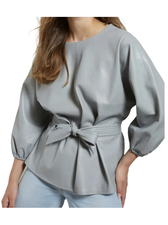Grey Belted Leather Top