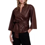 Notch V-Neckline Brown Leather Top