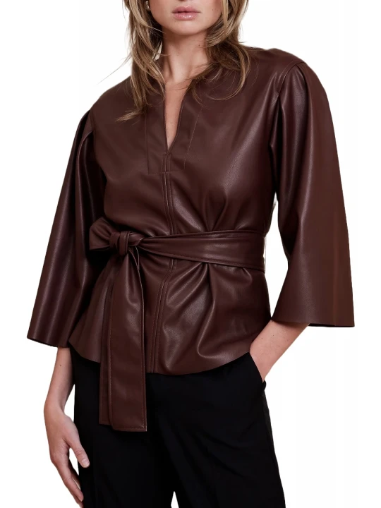 Notch V-Neckline Brown Leather Top