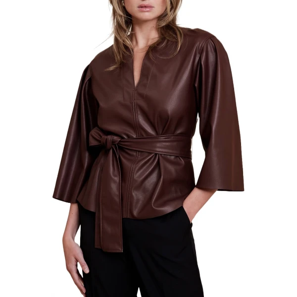 Notch V-Neckline Brown Leather Top