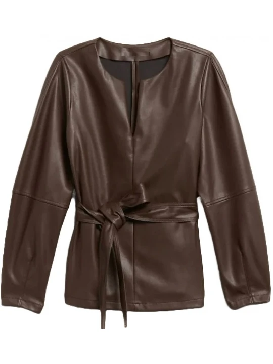 Notch V-Neckline Brown Leather Top