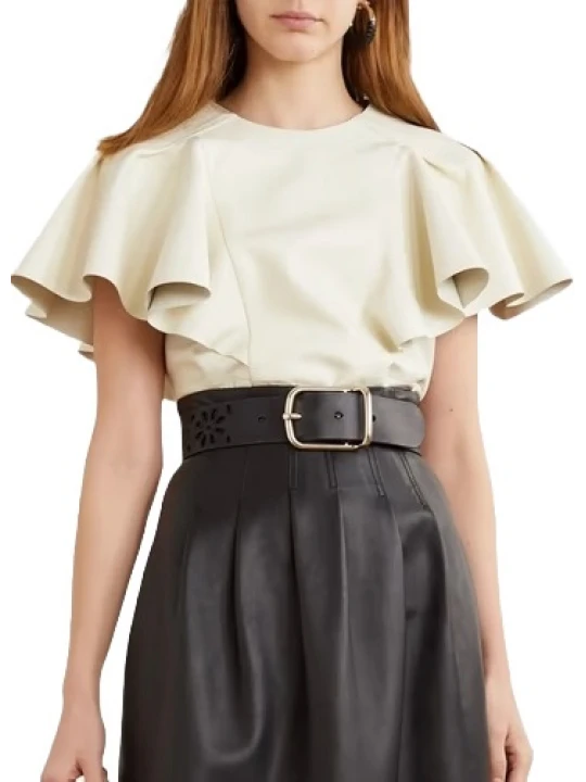 Off White Ruffled Leather Top