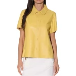 Short Sleeve Button Down Yellow Leather Top