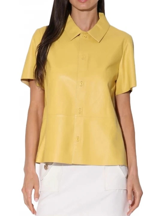 Short Sleeve Button Down Yellow Leather Top